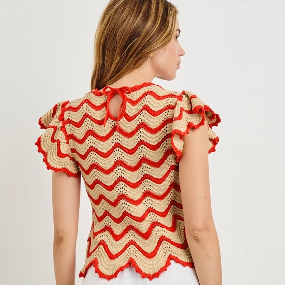NWT! Rails Coen Top/Cherry and Oat Striped/Cotton/Crochet/Scalloped/Ruffles - Picture 3 of 8